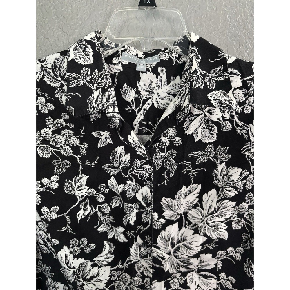 Foxcroft Wrinkle Free Fitted Shirt 16 Black White Floral Cotton Button Down - Picture 5 of 7